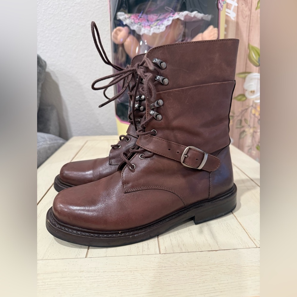 Giraudon Brown Leather Combat Boots Moto Sz 39